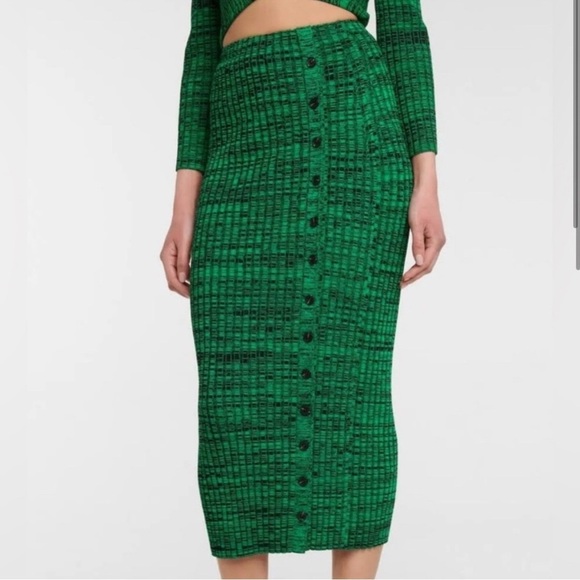 Self-Portrait Buttoned Side-Slit Rib Knitted Midi Skirt in Green - Picture 2 of 12